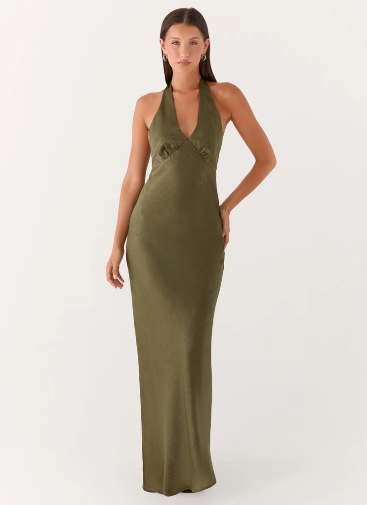 Robe maxi satin lourdement chargée - Kaki