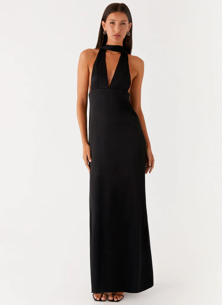 Robe maxi à bretelles en satin Alicia - Noir