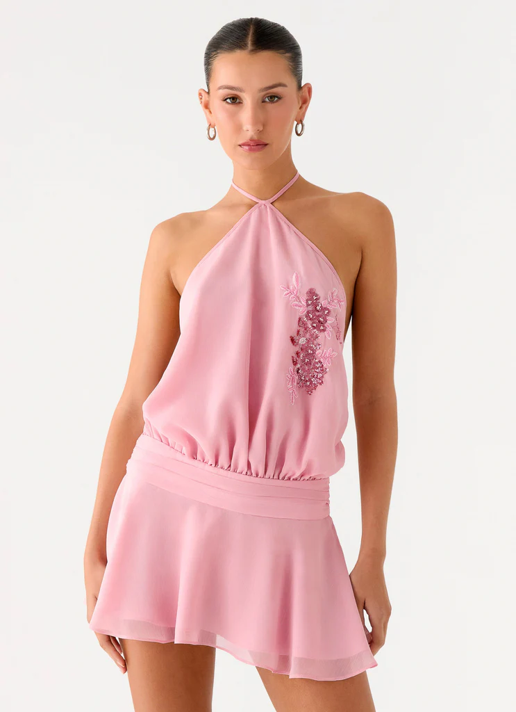 Cette Robe Mini à Bretelles dos Nu - Rose