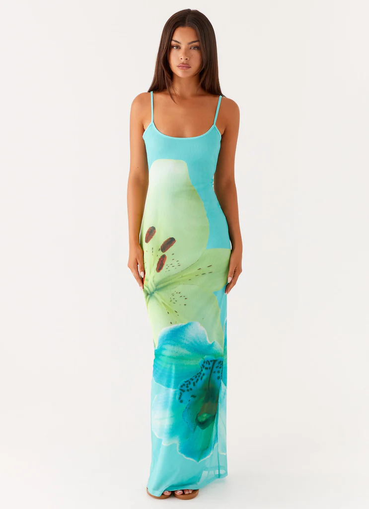 Robe Maxi en Maille Bad News - Floral Turquoise