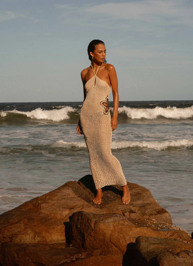 Robe maxi en crochet Aster - Jaune pastel