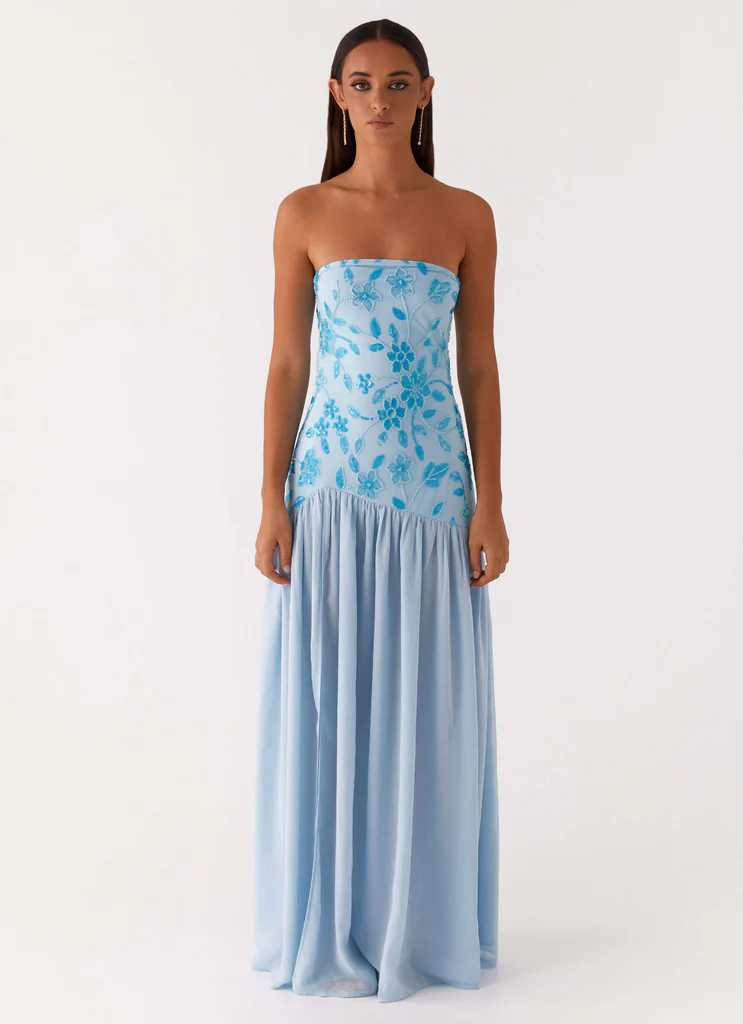 Robe Maxi sans bretelles ornée de perles Eden - Bleu