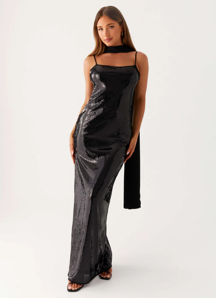Robe maxi à sequins et col écharpe - Noir