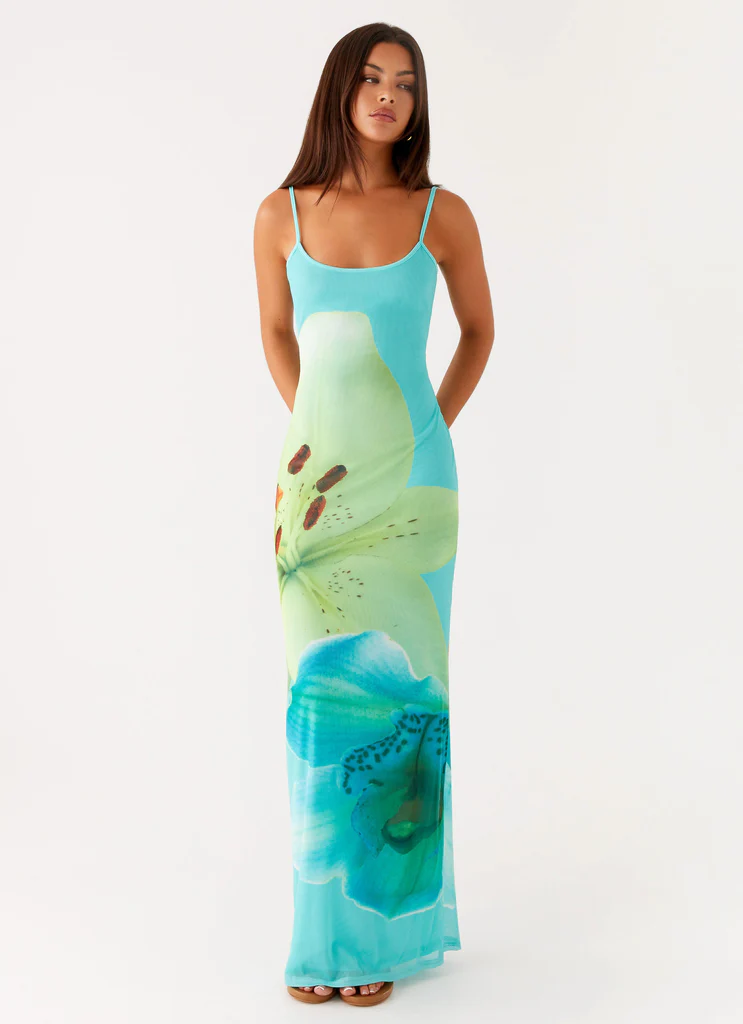 Robe Maxi en Maille Bad News - Floral Turquoise