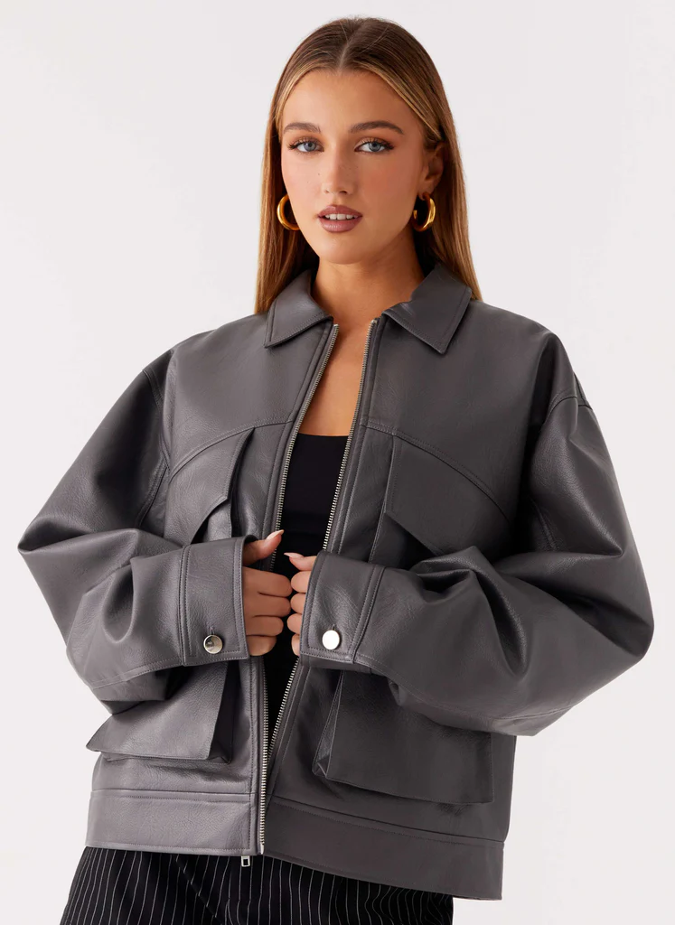 Veste bomber en cuir synthétique Lula - Gris charbon