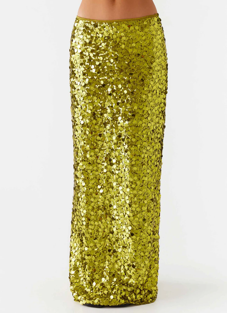 Perfect Places Jupe Maxi à Haute Ceinture Strass - Olive