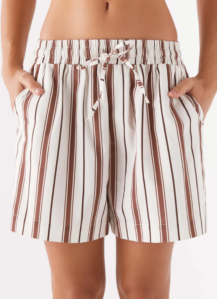 Shorts à cordon de serrage en lin Kristen - Rayures brunes