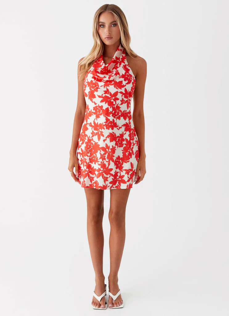 Robe mini à col en coulisse Carmine Bouquet - Fleurs rouges