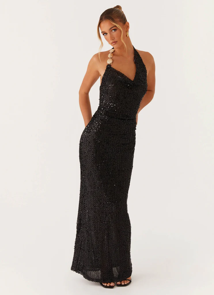 Robe maxi à col en V strass After Tonight – Noir Robe maxi à col en V strass After Tonight - Noir