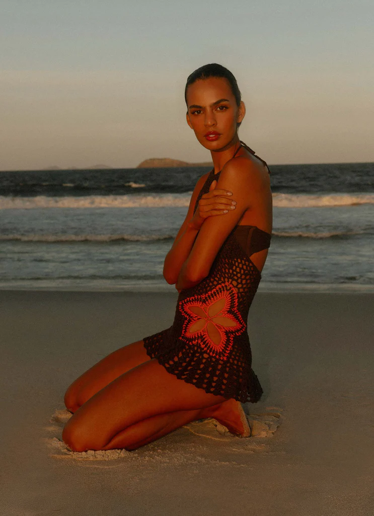 Robe Mini à Crochet Henley - Chocolat