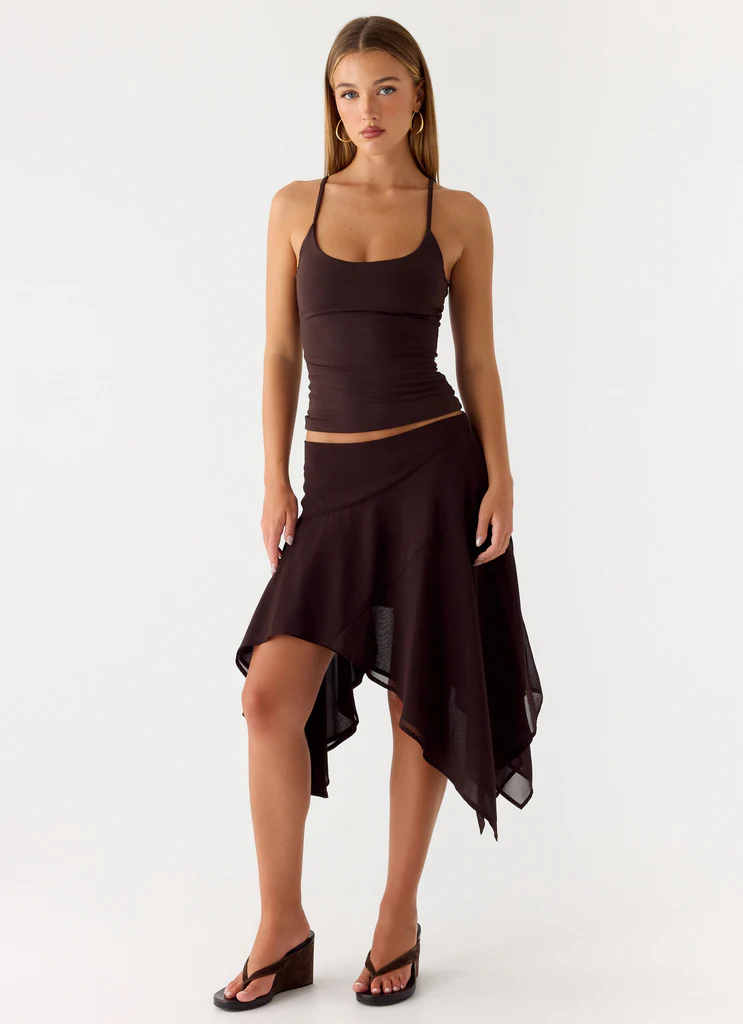 Jupe mi-longue asymétrique à taille basse Kia - Chocolat