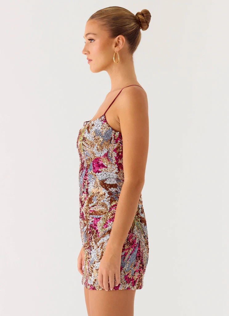 Robe Mini à Paillettes Soul Sound - Fuchsia Floral à Perles