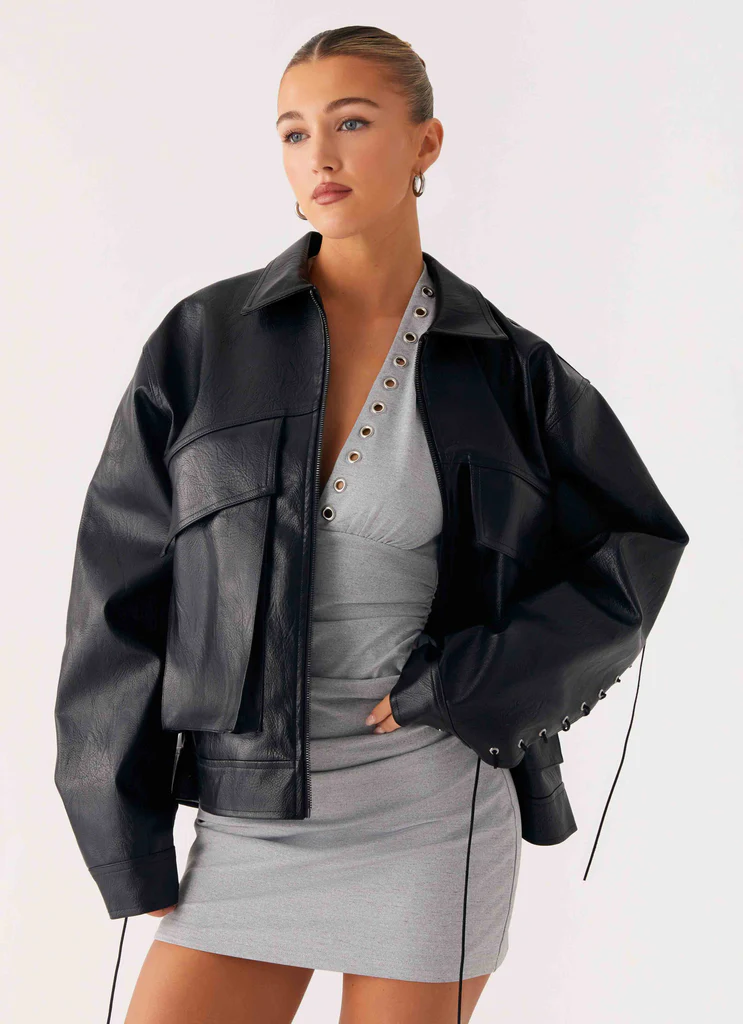 Veste bomber en cuir synthétique Lula à pompons - Noir