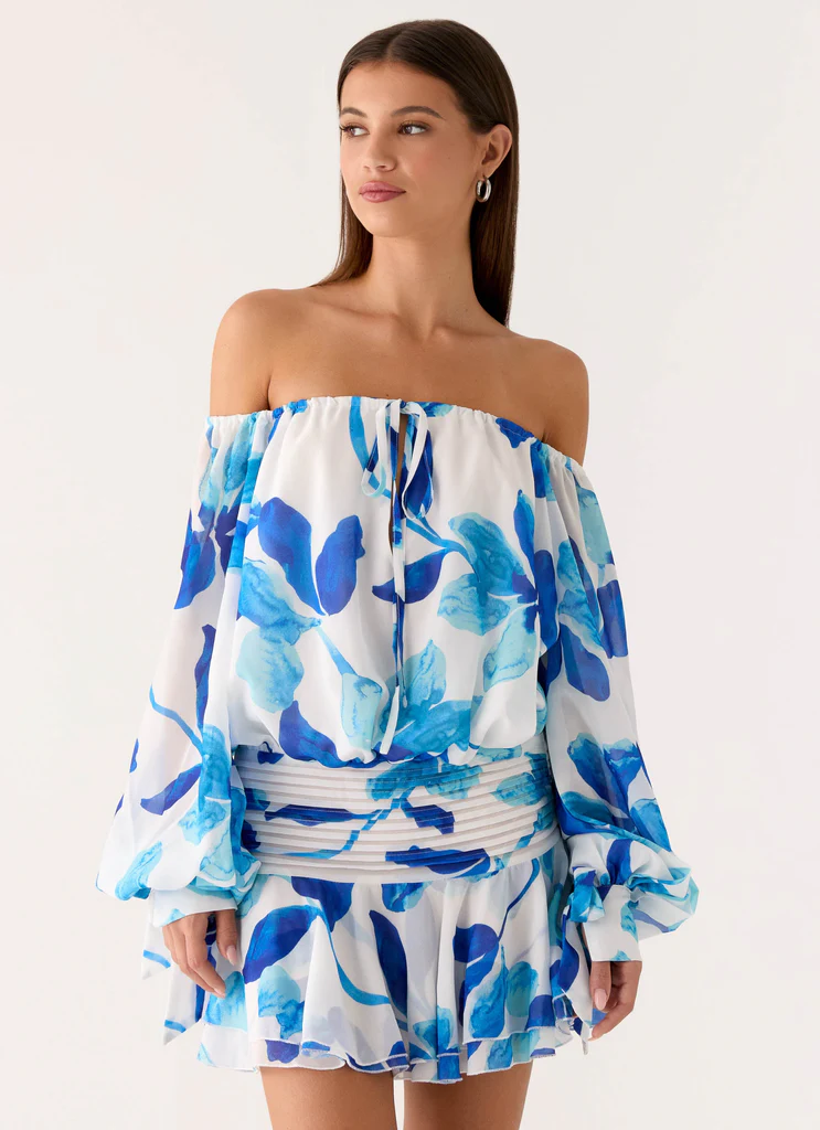 Robe Mini à Manches Ballon Eira - Cerulean Bloom