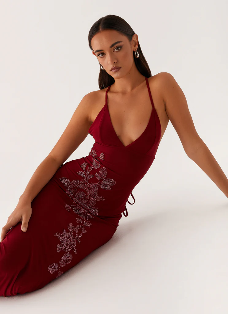 Robe maxi en maille perlée Beki - Rouge profond