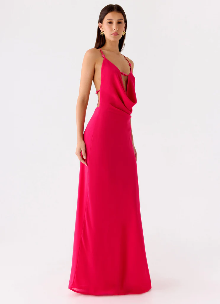 Robe maxi à col en V ornée Tropic Muse - Fuchsia