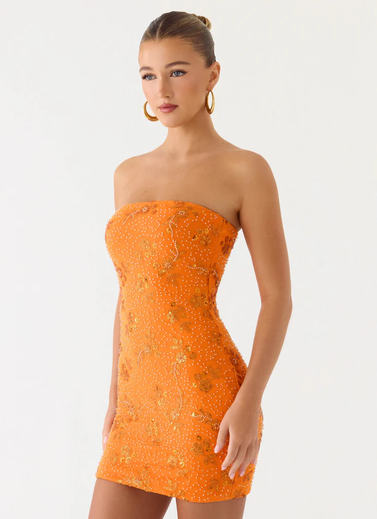 Robe mini à paillettes et perles dos nu - Orange