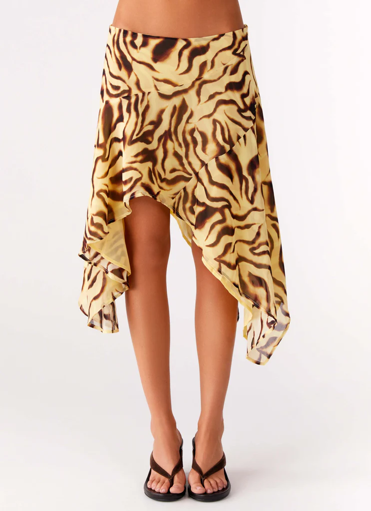 Jupe mi-longue asymétrique à taille basse Kia - Imprimé Laguna