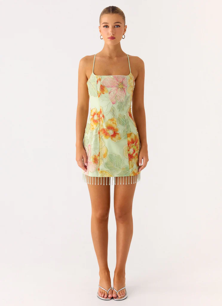 Robe Mini à Strass et Perles Gatiana - Fleurs Vertes