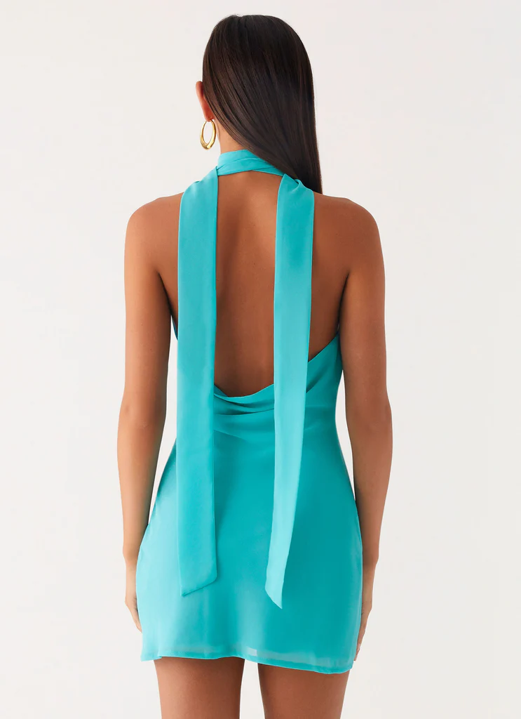 Robe Mini à Collier Écharpe Melisande - Bleu Aqua