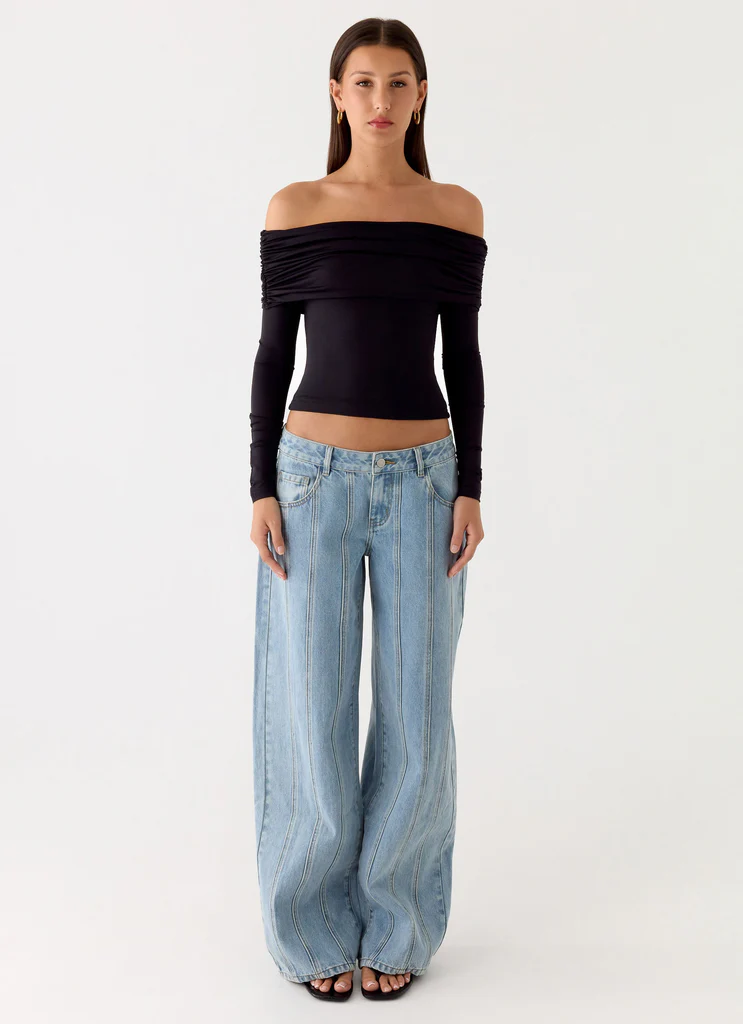 Jean Denim à Jambes Large à Taille Basse Johnny - Lavage Bleu Clair