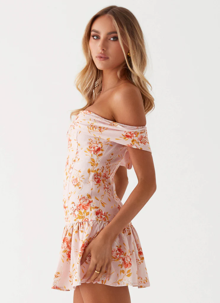 Robe Mini en Lin à Épaules Découvertes Aries – Fleurs Roses Robe Mini en Lin à Épaules Découvertes Aries - Fleurs Roses