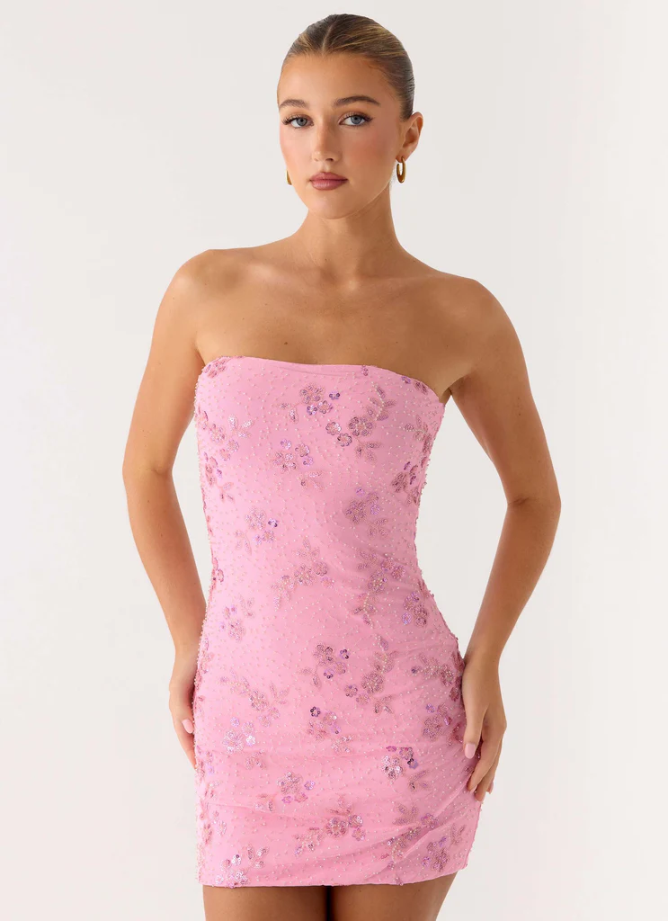 Robe Mini à Sequins Strass Dos Nu - Rose