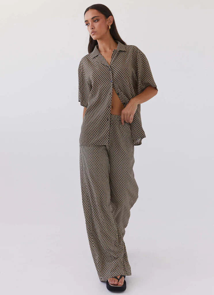 Pantalon Bruno à Jambes Évasées - Brun Géométrique