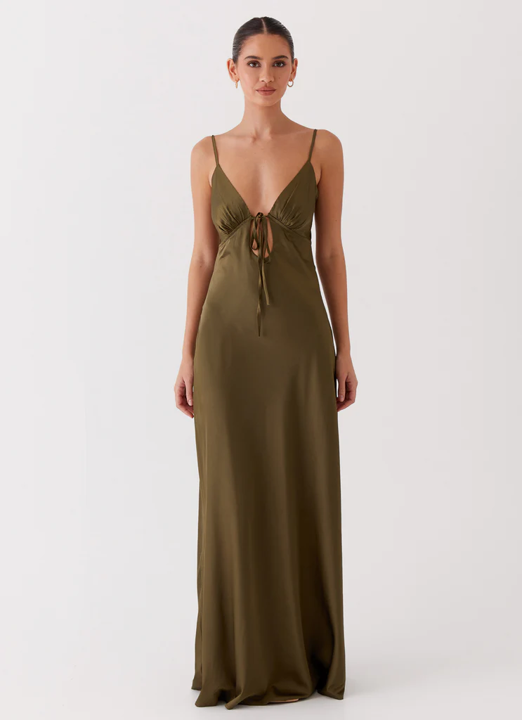 Robe maxi en satin Flora - Kaki