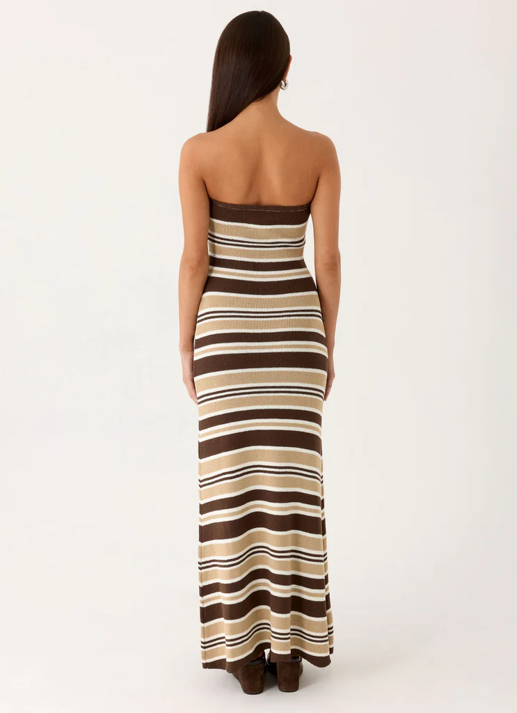 Robe maxi tricot Antonie - Rayures chocolat olive