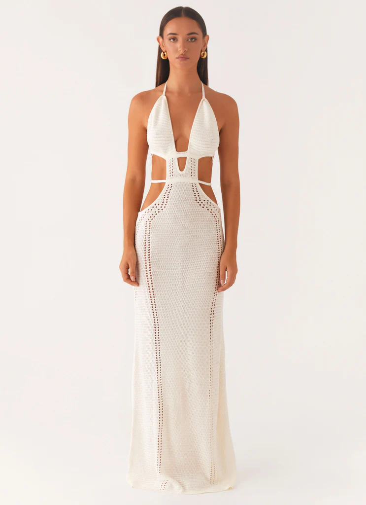 Robe maxi crochet coupée en mouvement - Blanc