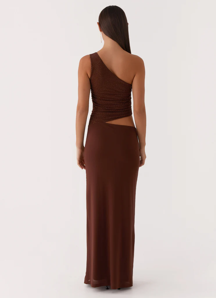 Robe maxi à paillettes Seranella à épaule unique - Chocolat