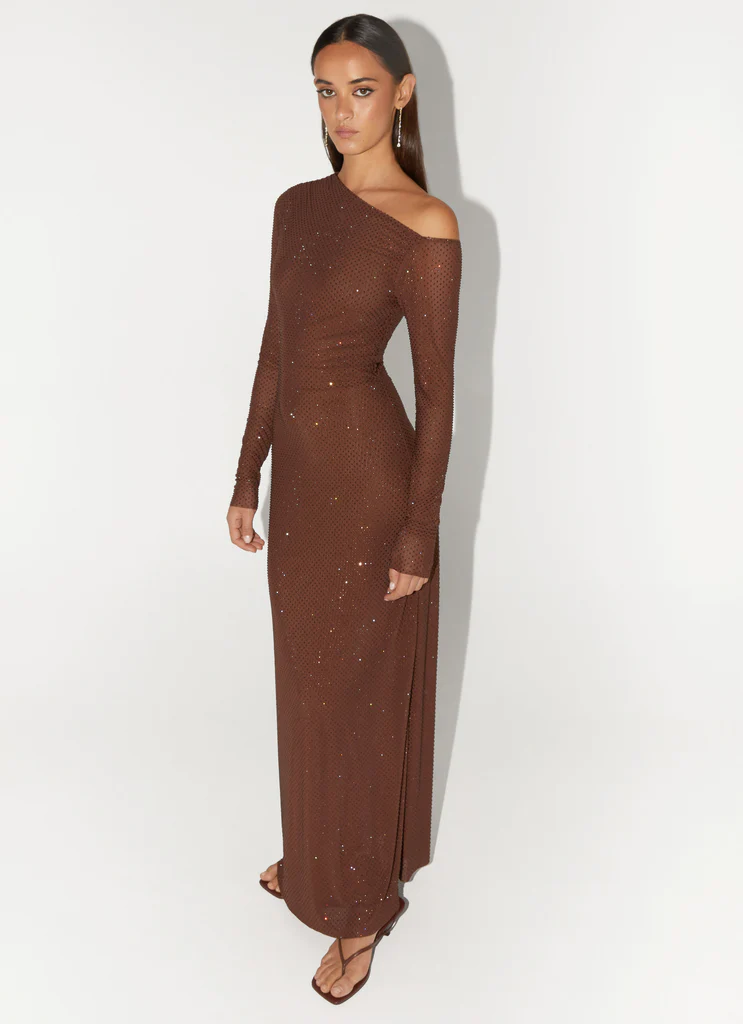 Robe maxi Oriana à paillettes - Chocolat