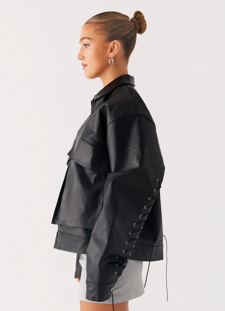 Veste bomber en cuir synthétique Lula à pompons - Noir